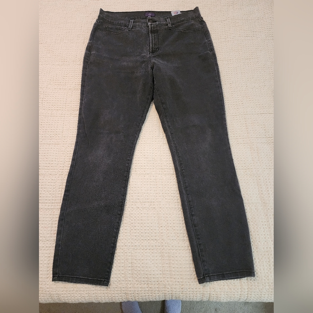 Women's NYDJ Black Acid Washed Straight Leg Hi Rise Jeans Size 16 Classic Grunge
